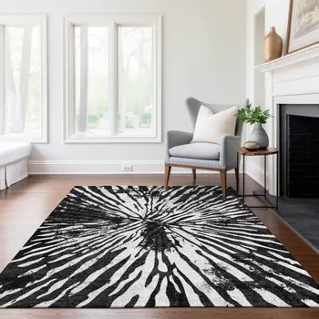 9' X 12' Black Charcoal And Ivory Abstract Washable Indoor Outdoor Area Rug