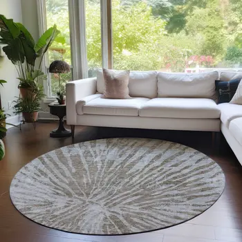 8' Brown And Gray Round Abstract Washable Indoor Outdoor Area Rug