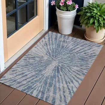 3' X 5' Blue Gray And Silver Abstract Washable Indoor Outdoor Area Rug