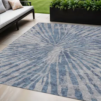 5' X 8' Blue Gray And Silver Abstract Washable Indoor Outdoor Area Rug