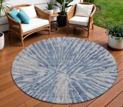 8' Blue Gray And Silver Round Abstract Washable Indoor Outdoor Area Rug