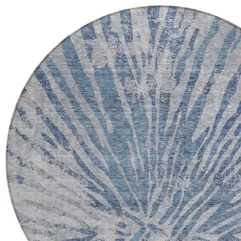 8' Blue Gray And Silver Round Abstract Washable Indoor Outdoor Area Rug