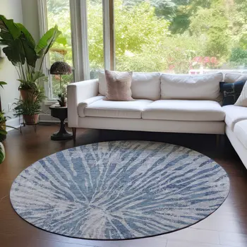 8' Blue Gray And Silver Round Abstract Washable Indoor Outdoor Area Rug