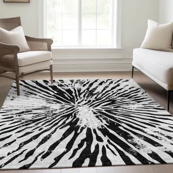 5' X 8' Ivory Black And Gray Abstract Washable Indoor Outdoor Area Rug