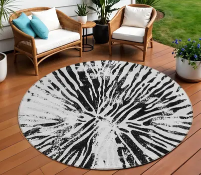 8' Ivory Black And Gray Round Abstract Washable Indoor Outdoor Area Rug