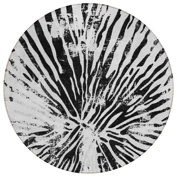 8' Ivory Black And Gray Round Abstract Washable Indoor Outdoor Area Rug