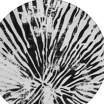 8' Ivory Black And Gray Round Abstract Washable Indoor Outdoor Area Rug