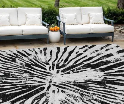 8' X 10' Ivory Black And Gray Abstract Washable Indoor Outdoor Area Rug