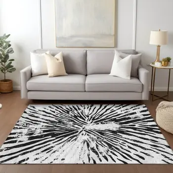 8' X 10' Ivory Black And Gray Abstract Washable Indoor Outdoor Area Rug