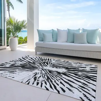 9' X 12' Ivory Black And Gray Abstract Washable Indoor Outdoor Area Rug