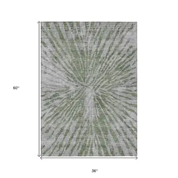 3' X 5' Olive Green Gray And Silver Abstract Washable Indoor Outdoor Area Rug