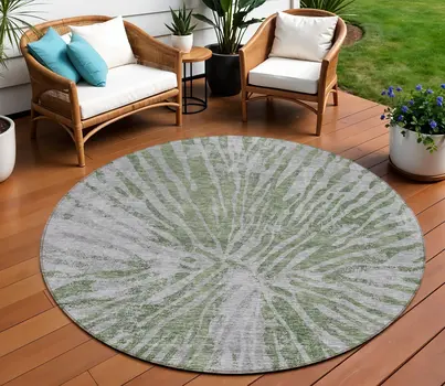 8' Olive Green Gray And Silver Round Abstract Washable Indoor Outdoor Area Rug