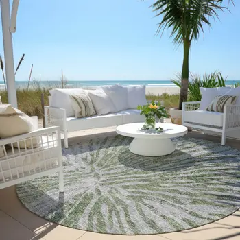 8' Olive Green Gray And Silver Round Abstract Washable Indoor Outdoor Area Rug