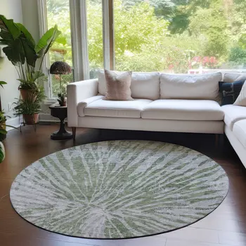 8' Olive Green Gray And Silver Round Abstract Washable Indoor Outdoor Area Rug