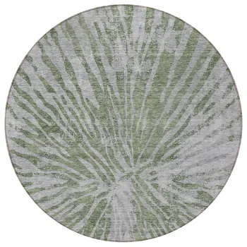 8' Olive Green Gray And Silver Round Abstract Washable Indoor Outdoor Area Rug