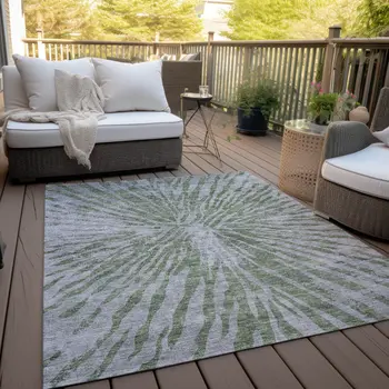 9' X 12' Olive Green Gray And Silver Abstract Washable Indoor Outdoor Area Rug