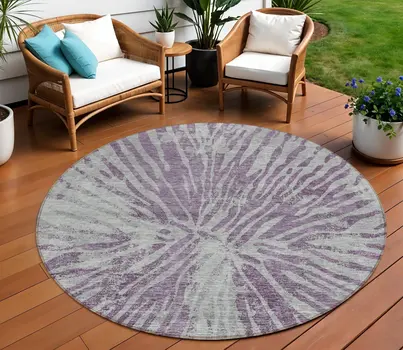 8' Purple And Gray Round Abstract Washable Indoor Outdoor Area Rug