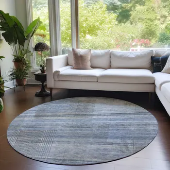 8' Denim Blue And Sky Blue Round Striped Washable Indoor Outdoor Area Rug