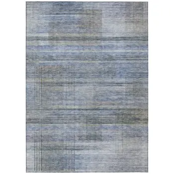 8' X 10' Denim Blue And Sky Blue Striped Washable Indoor Outdoor Area Rug