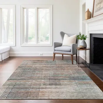 3' X 5' Copper Gray And Blue Striped Washable Indoor Outdoor Area Rug
