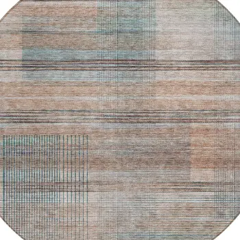 8' Copper Gray And Blue Round Striped Washable Indoor Outdoor Area Rug