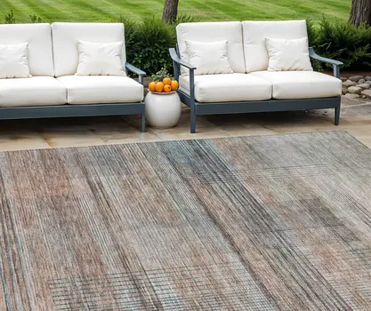 10' X 14' Copper Gray And Blue Striped Washable Indoor Outdoor Area Rug