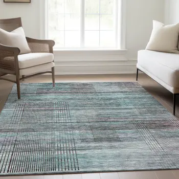 5' X 8' Teal Blue Gray And Charcoal Striped Washable Indoor Outdoor Area Rug
