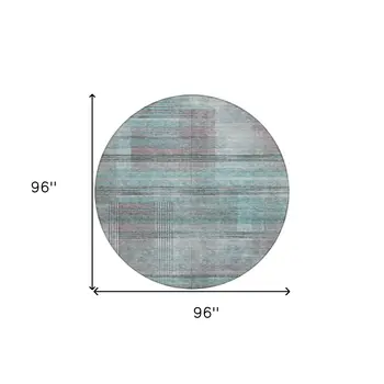 8' Teal Blue Gray And Charcoal Round Striped Washable Indoor Outdoor Area Rug