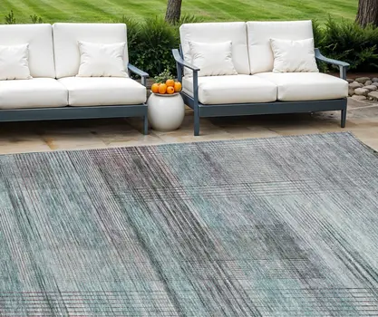 8' X 10' Teal Blue Gray And Charcoal Striped Washable Indoor Outdoor Area Rug