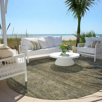 8' Brown Beige And Taupe Round Striped Washable Indoor Outdoor Area Rug