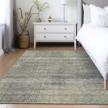 9' X 12' Khaki Beige And Gray Striped Washable Indoor Outdoor Area Rug