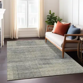 9' X 12' Khaki Beige And Gray Striped Washable Indoor Outdoor Area Rug