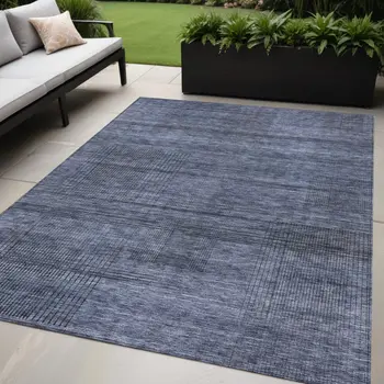 5' X 8' Navy Blue And Gray Striped Washable Indoor Outdoor Area Rug