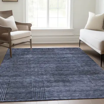 5' X 8' Navy Blue And Gray Striped Washable Indoor Outdoor Area Rug