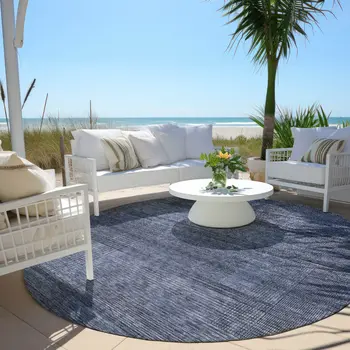8' Navy Blue And Gray Round Striped Washable Indoor Outdoor Area Rug