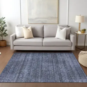 10' X 14' Navy Blue And Gray Striped Washable Indoor Outdoor Area Rug