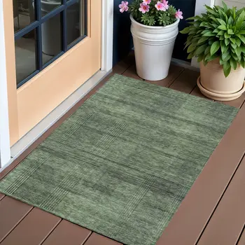 3' X 5' Olive Green And Gray Striped Washable Indoor Outdoor Area Rug