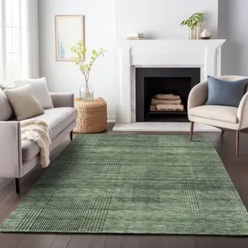 5' X 8' Olive Green And Gray Striped Washable Indoor Outdoor Area Rug