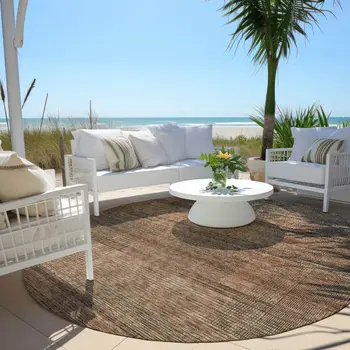 8' Orange Copper And Brown Round Striped Washable Indoor Outdoor Area Rug