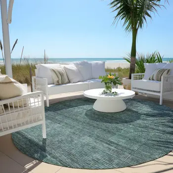 8' Teal Blue Aqua And Gray Round Striped Washable Indoor Outdoor Area Rug