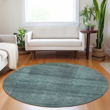8' Teal Blue Aqua And Gray Round Striped Washable Indoor Outdoor Area Rug