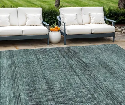8' X 10' Teal Blue Aqua And Gray Striped Washable Indoor Outdoor Area Rug