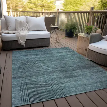 8' X 10' Teal Blue Aqua And Gray Striped Washable Indoor Outdoor Area Rug