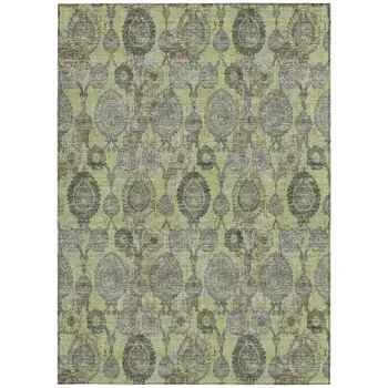 3' X 5' Artichoke Green And Gray Damask Washable Indoor Outdoor Area Rug