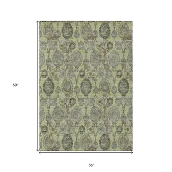 3' X 5' Artichoke Green And Gray Damask Washable Indoor Outdoor Area Rug