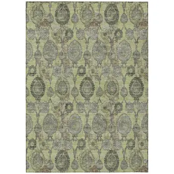 3' X 5' Artichoke Green And Gray Damask Washable Indoor Outdoor Area Rug