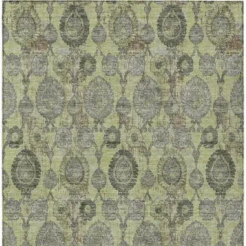 3' X 5' Artichoke Green And Gray Damask Washable Indoor Outdoor Area Rug