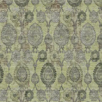 5' X 8' Artichoke Green And Gray Damask Washable Indoor Outdoor Area Rug