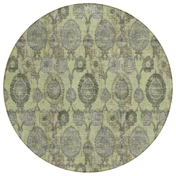 8' Artichoke Green And Gray Round Damask Washable Indoor Outdoor Area Rug