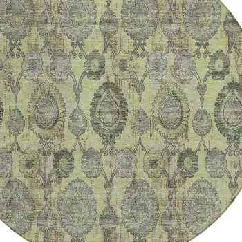 8' Artichoke Green And Gray Round Damask Washable Indoor Outdoor Area Rug
